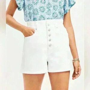 LOFT Button Front High Rise Paperbag Pull On Denim Shorts in White, Never worn